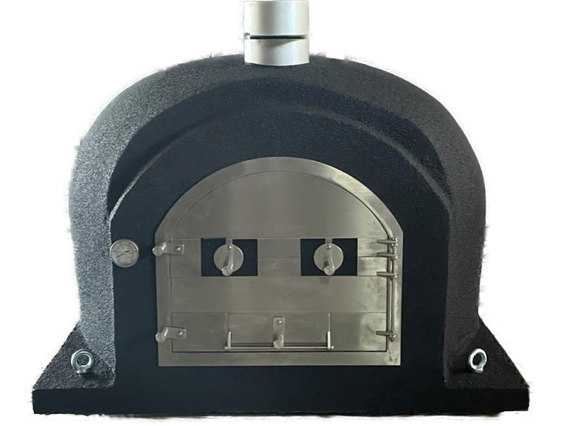 Black wood outdoor pizza oven with Stain Less door by Artistic Ovens, Mission Plus Steel Black 44 Pizza oven and grill