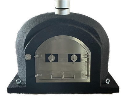 Black wood outdoor pizza oven with Stain Less door by Artistic Ovens, Mission Plus Steel Black 44 Pizza oven and grill