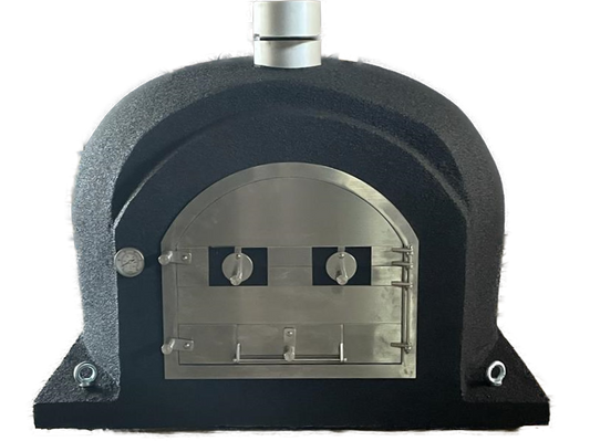 Black wood outdoor pizza oven with Stain Less door by Artistic Ovens, Mission Plus Steel Black 44 Pizza oven and grill